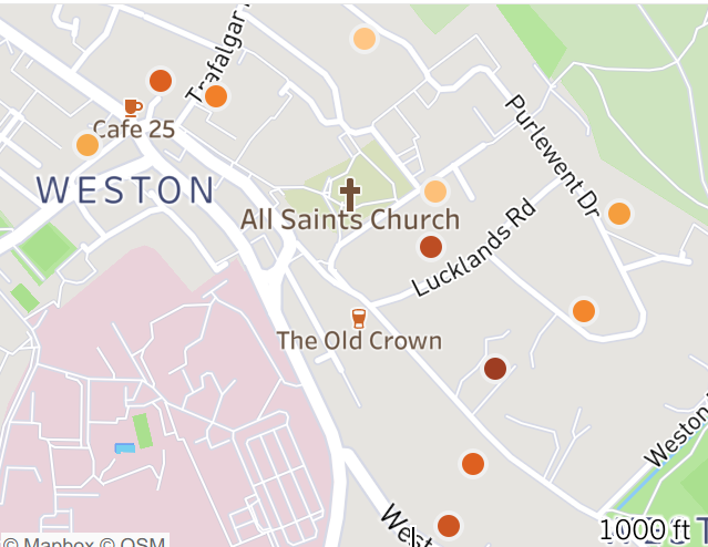 Postcodes that contain detached houses in Weston. These are located only in the South/East.
