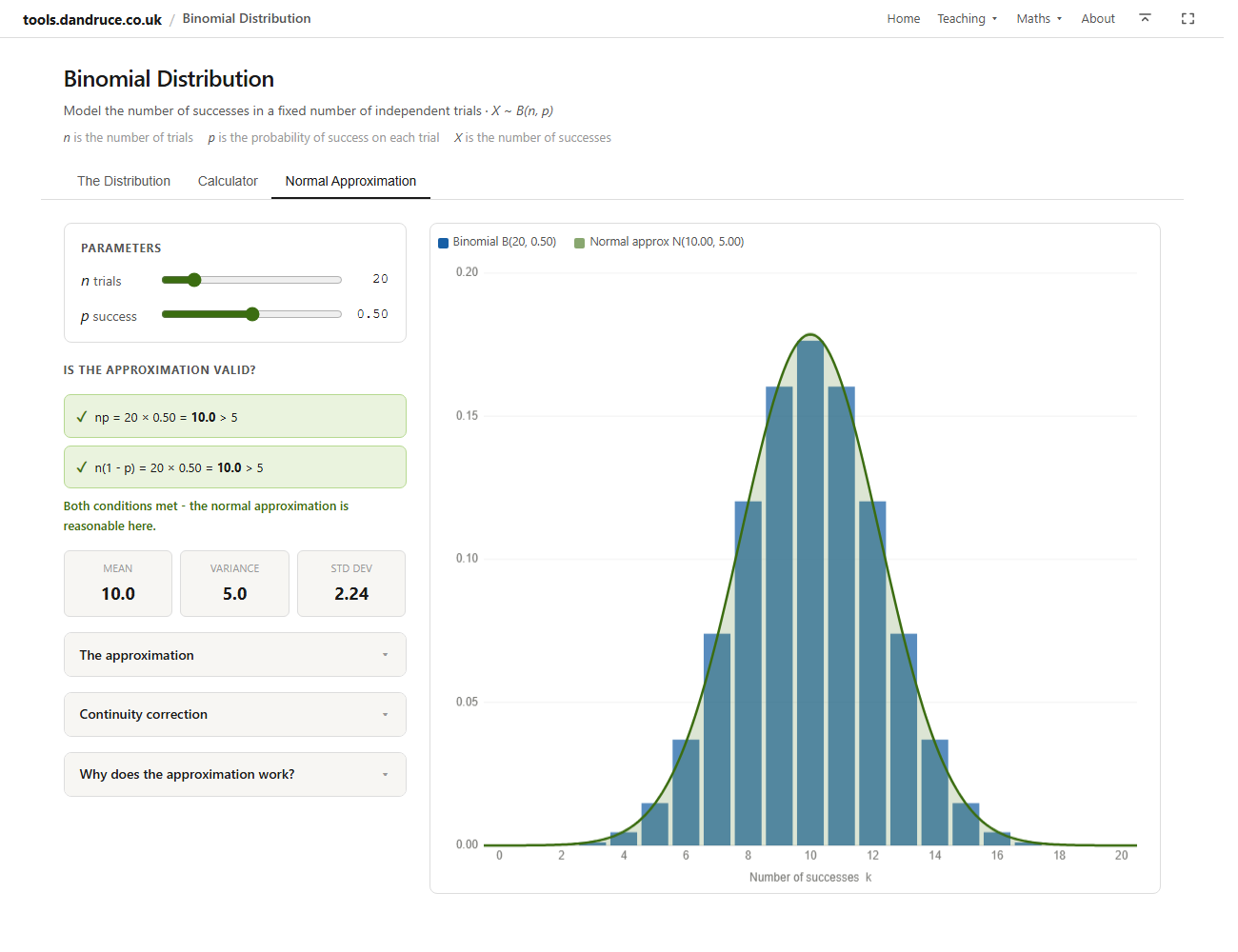 Normal Approximation tool: a normal curve overlaid on binomial bars, with parameter sliders, validity checks, and mean, variance and standard deviation cards